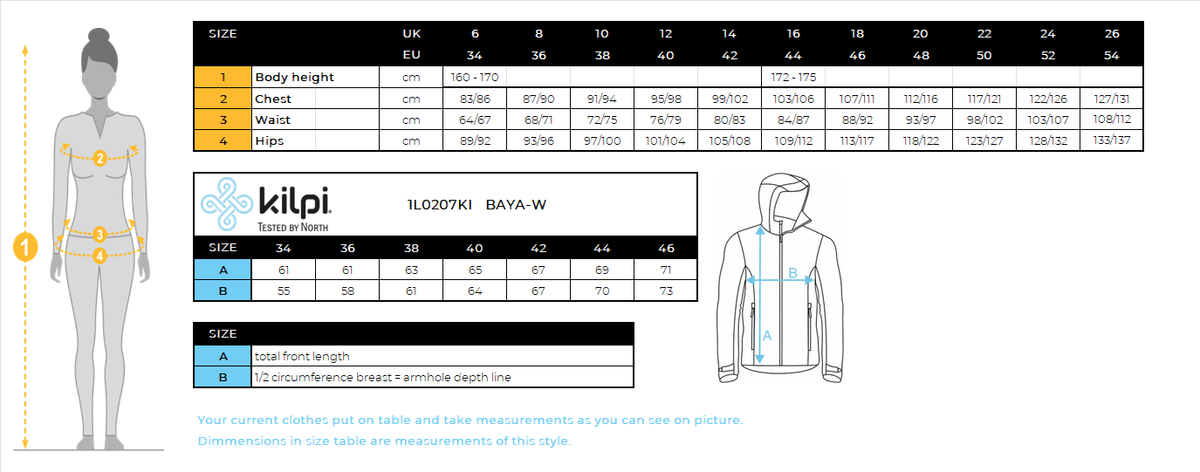 Women's cotton hoodie Kilpi BAYA-W – Size chart