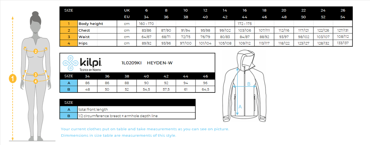Women's long sweatshirt with hood Kilpi HEYDEN-W – Size chart