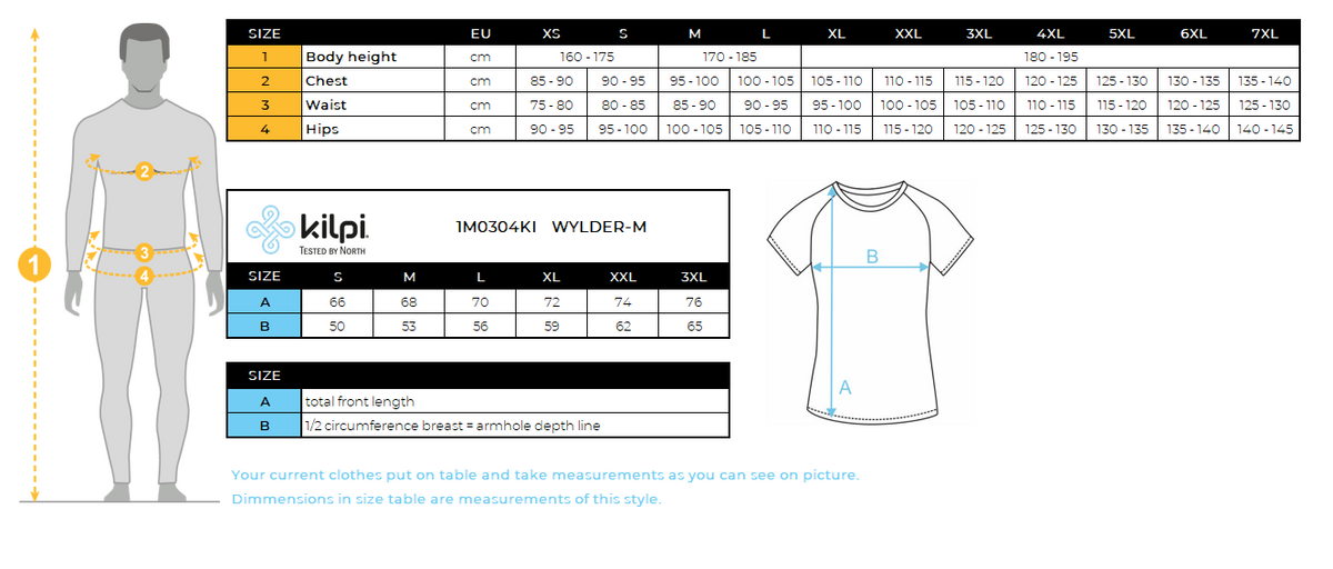 Men's functional T-shirt Kilpi WYLDER-M – Size chart