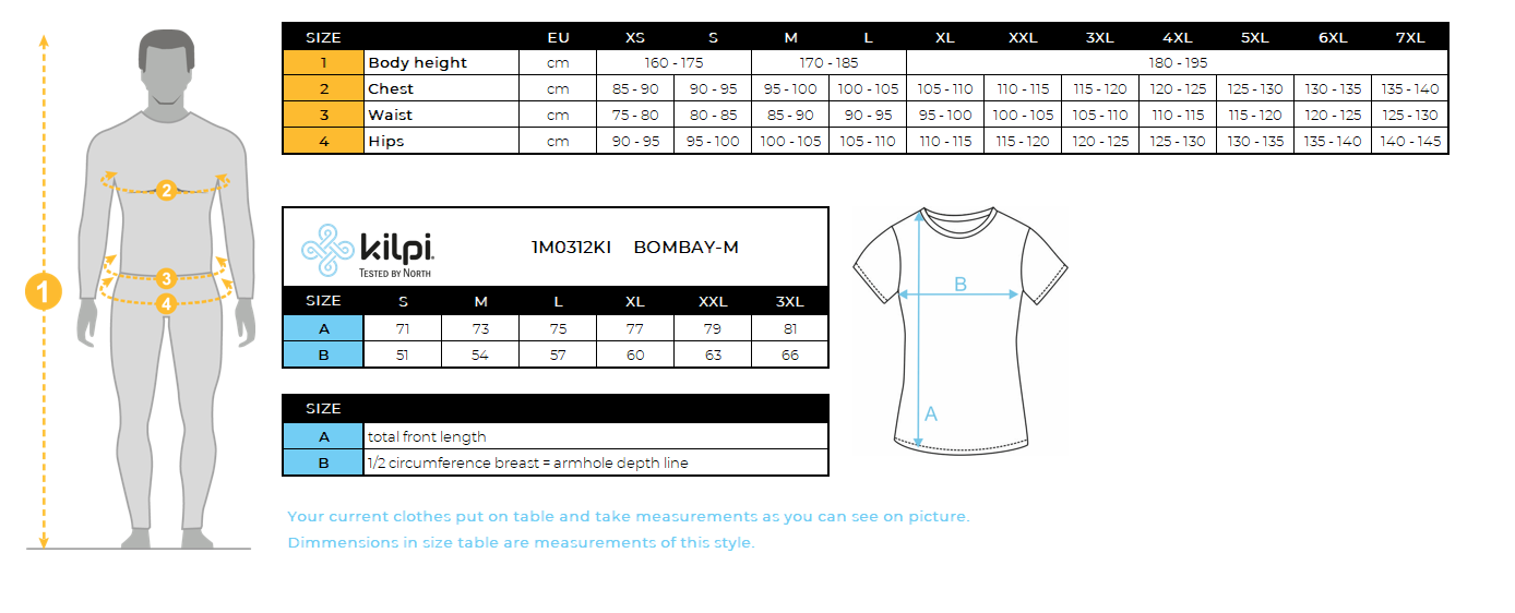Men's sports shirt Kilpi BOMBAY-M – Size chart