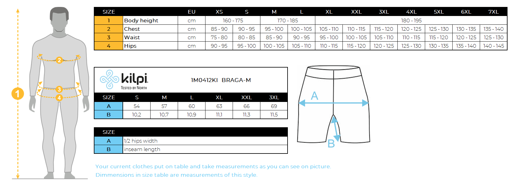 Men's running shorts for comfort and performance Kilpi BRAGA-M – Size chart