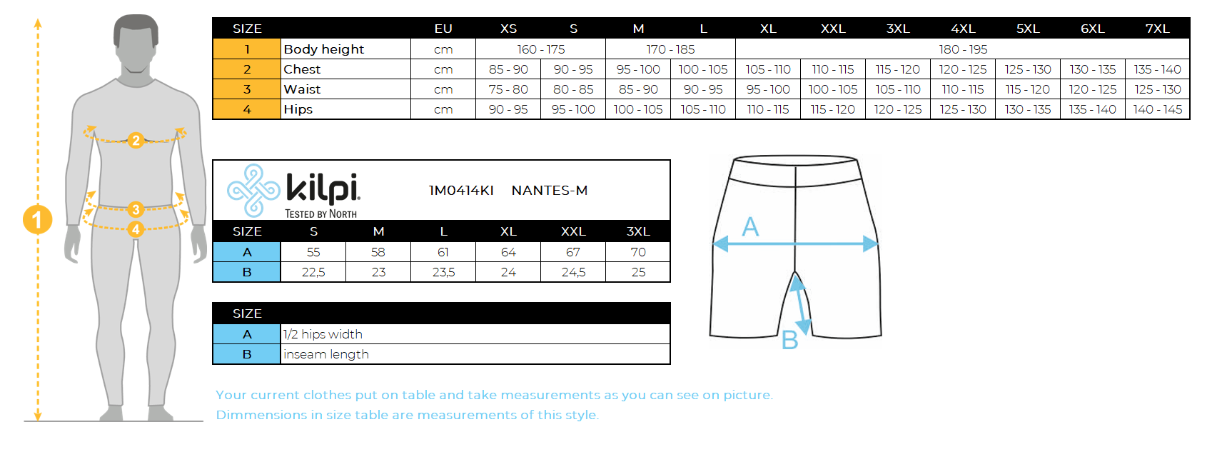 Men's fitness shorts Kilpi NANTES-M – Size chart