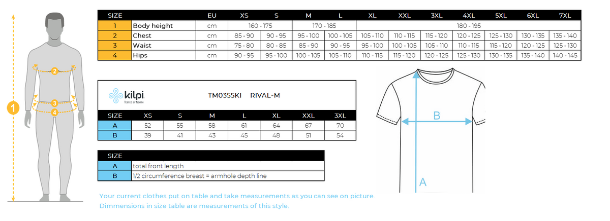 Men's cycling jersey Kilpi RIVAL-M – Size chart