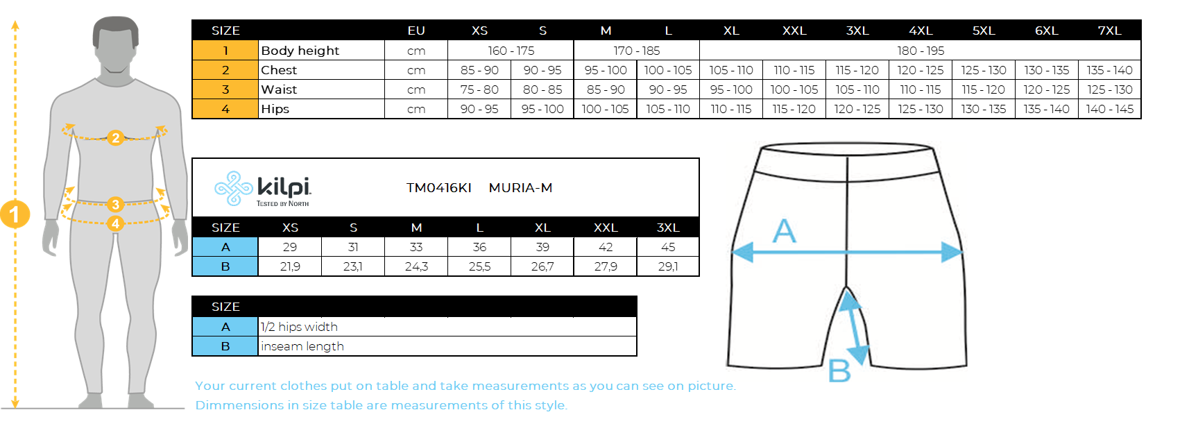 Men's cycling shorts Kilpi MURIA-M – Size chart