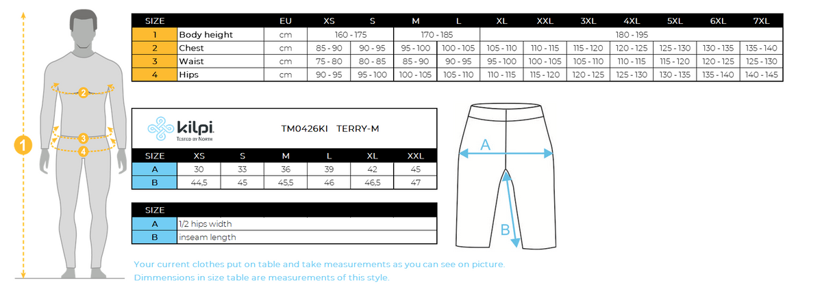 Men's 3/4 compression leggings Kilpi TERRY-M – Size chart