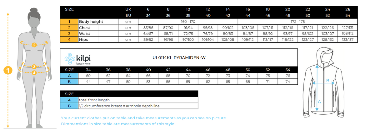 Women's down jacket Kilpi PYRAMIDEN-W – Size chart