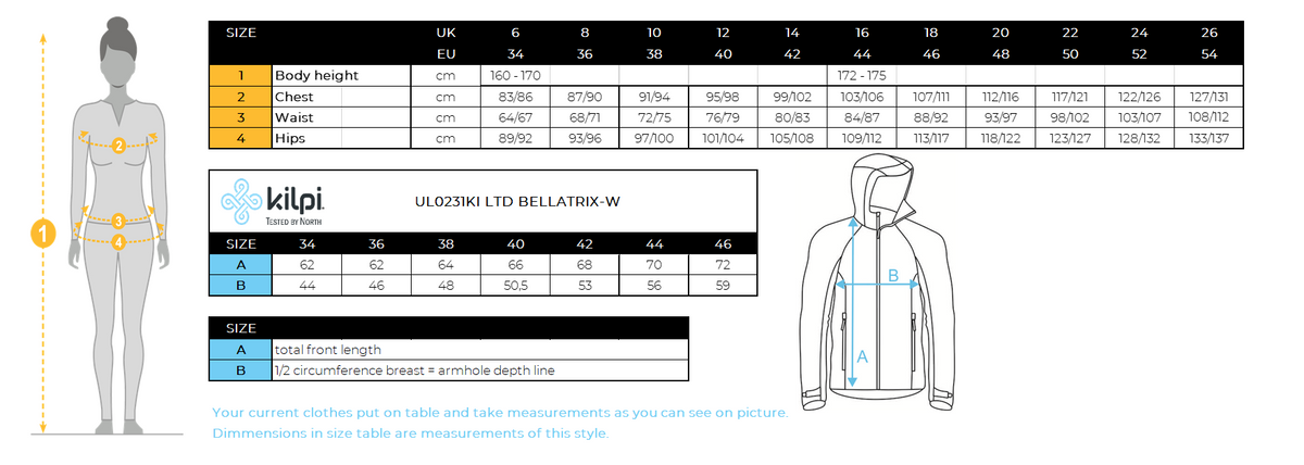 Women's cotton hoodie Kilpi LTD BELLATRIX-W – Size chart