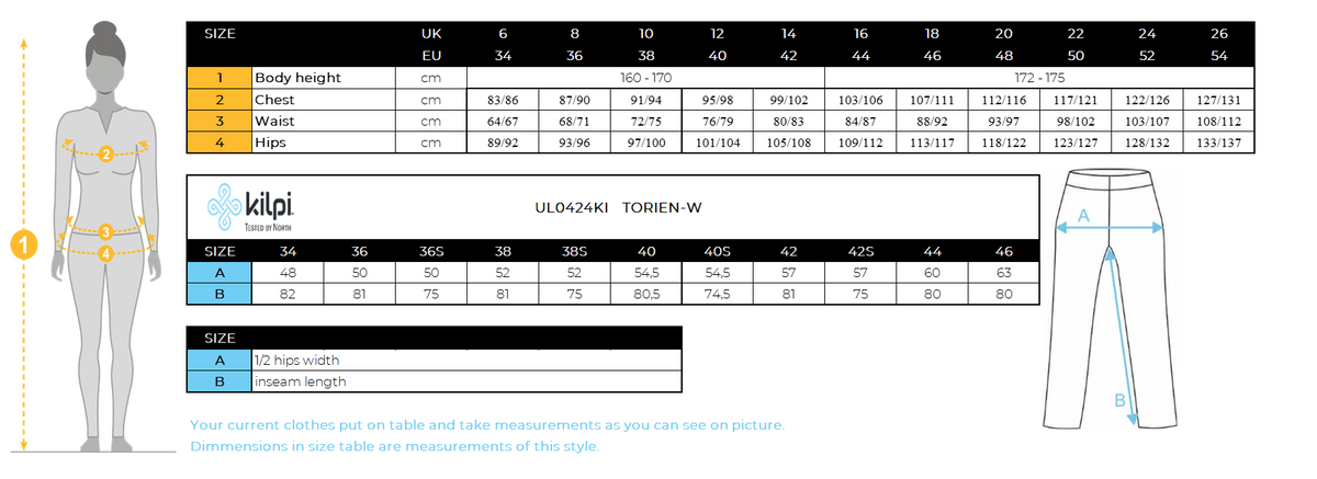 Women's softshell ski pants Kilpi TORIEN-W – Size chart