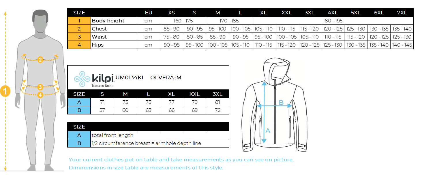 Men's outdoor jacket Kilpi OLVERA-M – Size chart