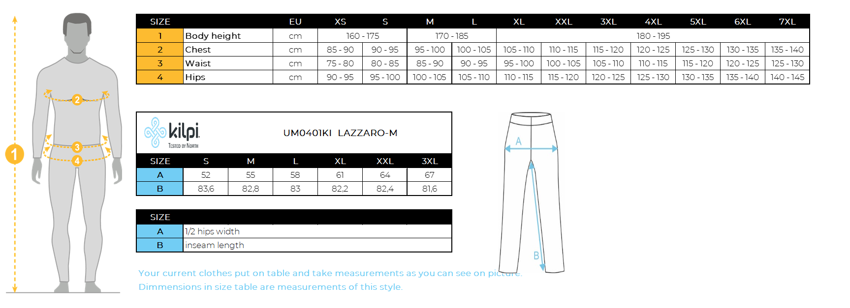 Men's waterproof ski pants Kilpi LAZZARO-M – Size chart