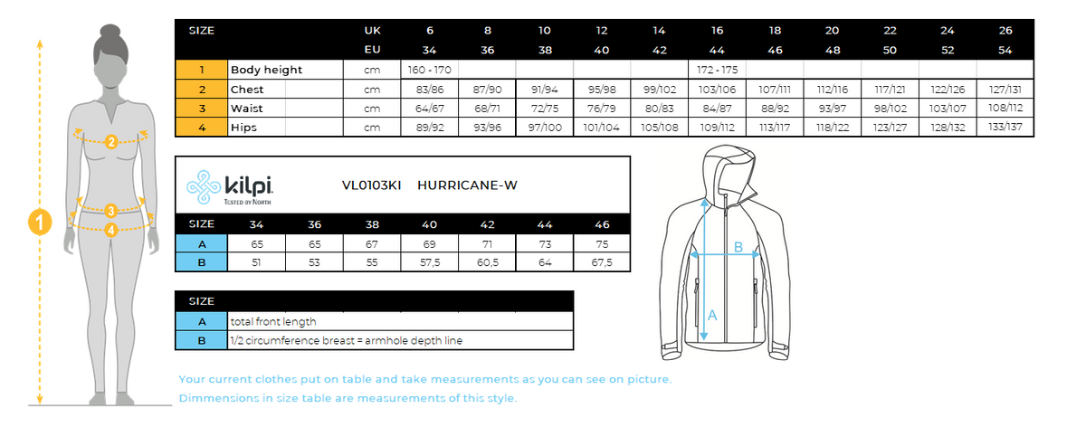 Women's membrane jacket Kilpi HURRICANE-W – Size chart