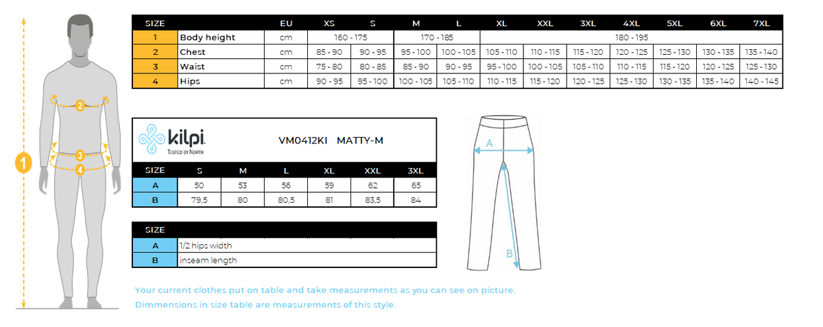 Men's cotton sweatpants Kilpi MATTY-M – Size chart