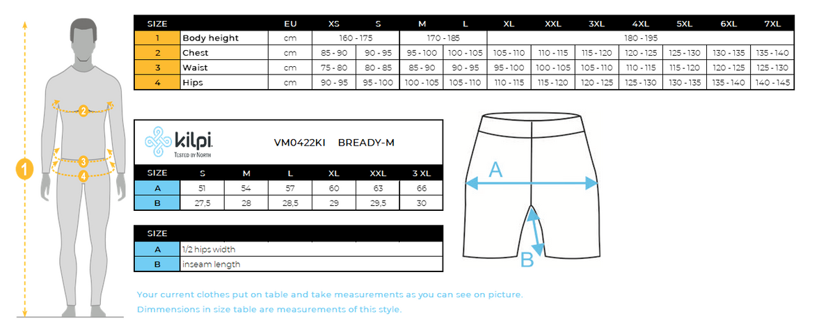 Men's outdoor shorts Kilpi BREADY-M – Size chart