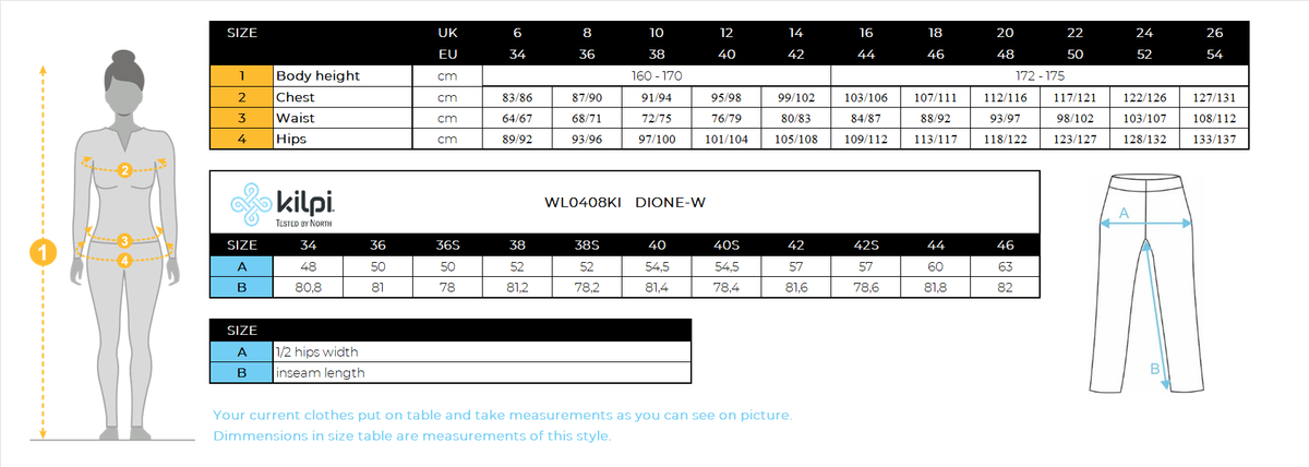 Women's ski softshell pants Kilpi DIONE-W – Size chart
