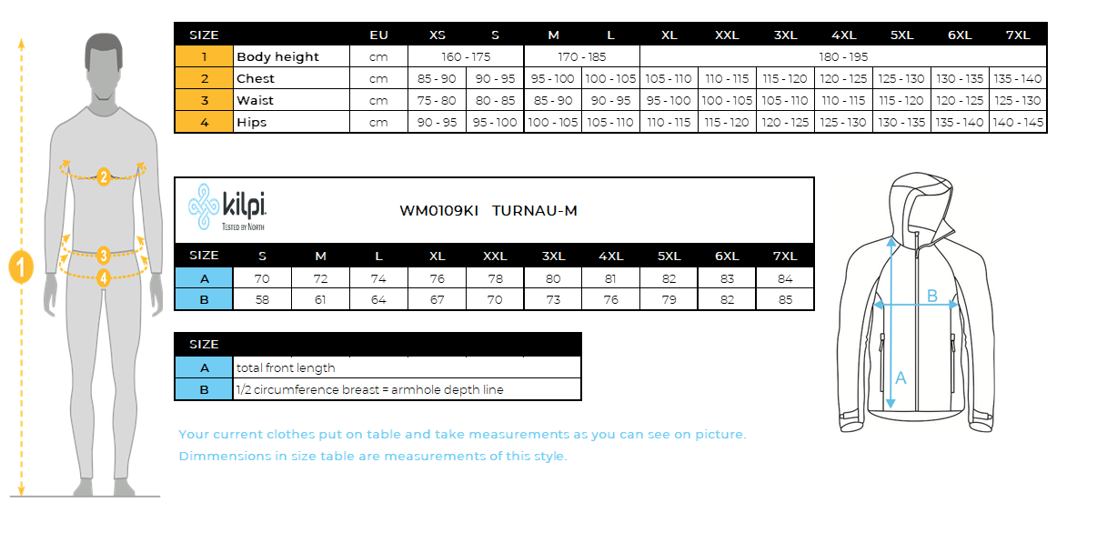 Men's ski jacket Kilpi TURNAU-M – Size chart
