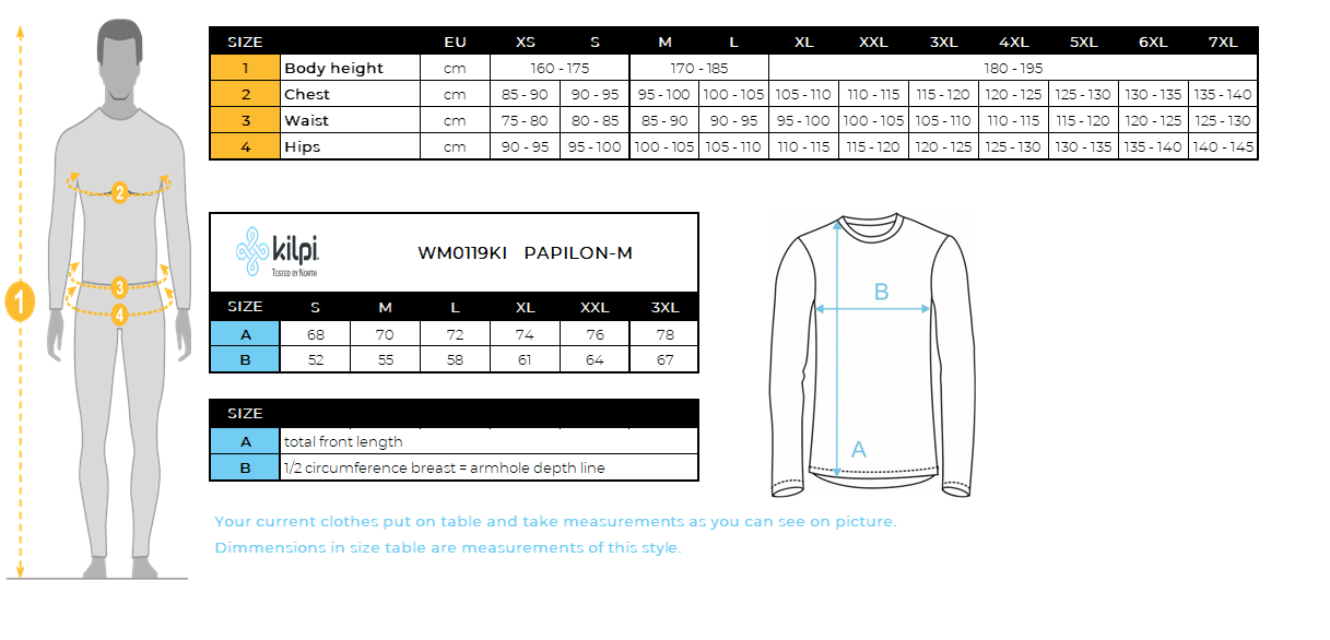 Men's down jacket Kilpi PAPILON-M – Size chart