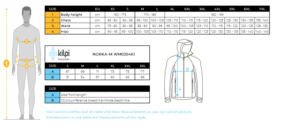Men's hairy fleece hoodie Kilpi NORKA-M – Size chart