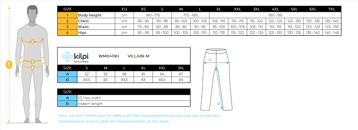 Men's outdoor pants Kilpi VILLAIN-M – Size chart