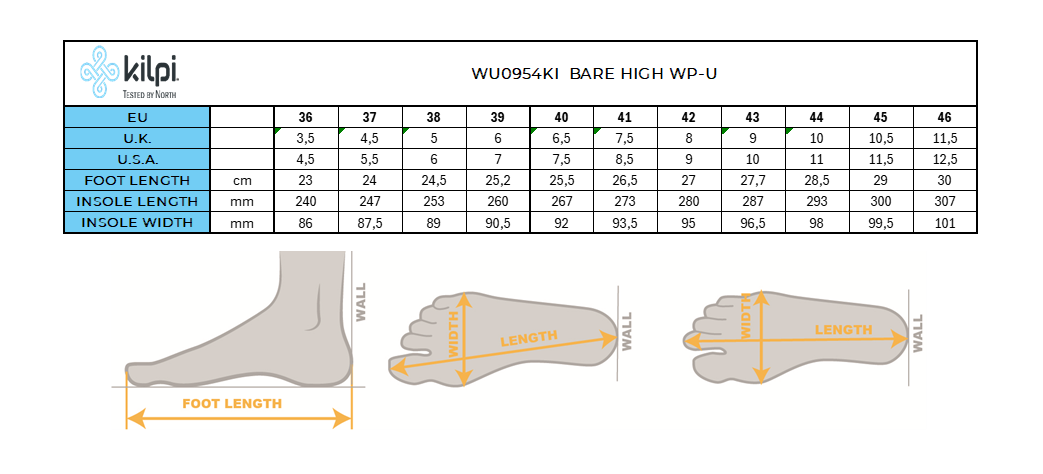 Unisex high outdoor barefoot shoes Kilpi BARE HIGH WP-U – Size chart