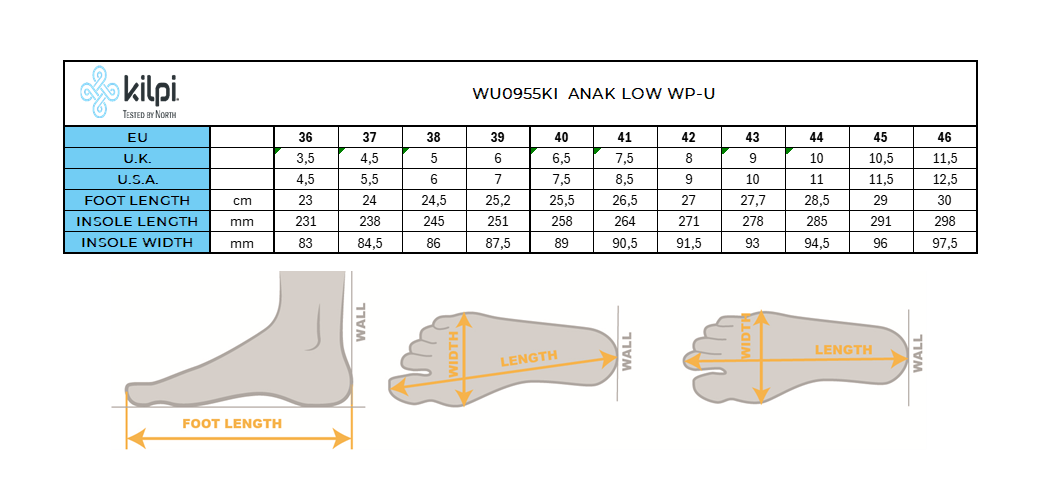 Unisex low outdoor shoes Kilpi ANAK LOW WP-U – Size chart