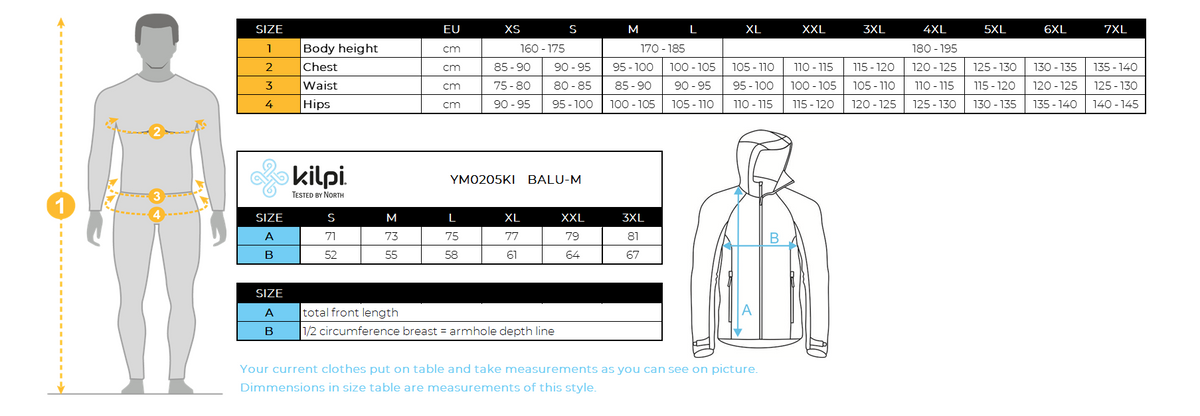 Stylish and comfortable cotton hoodie Kilpi BALU-M – Size chart
