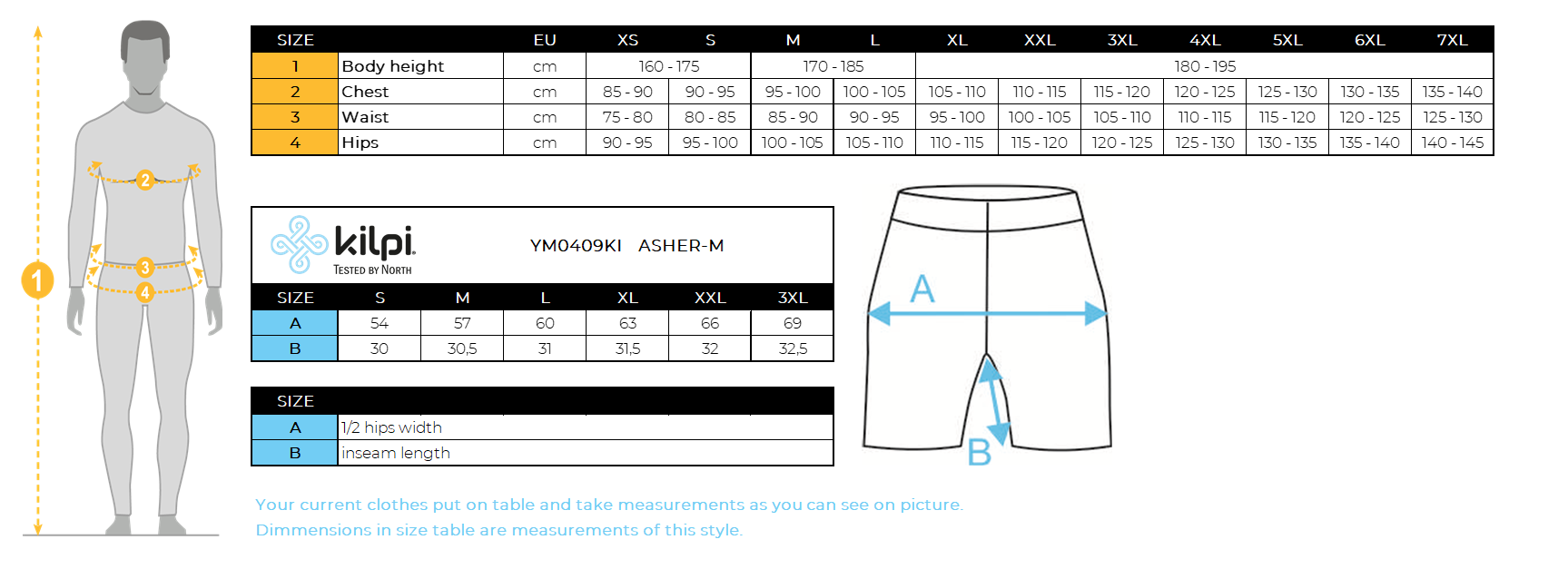 Men's outdoor shorts Kilpi ASHER-M – Size chart
