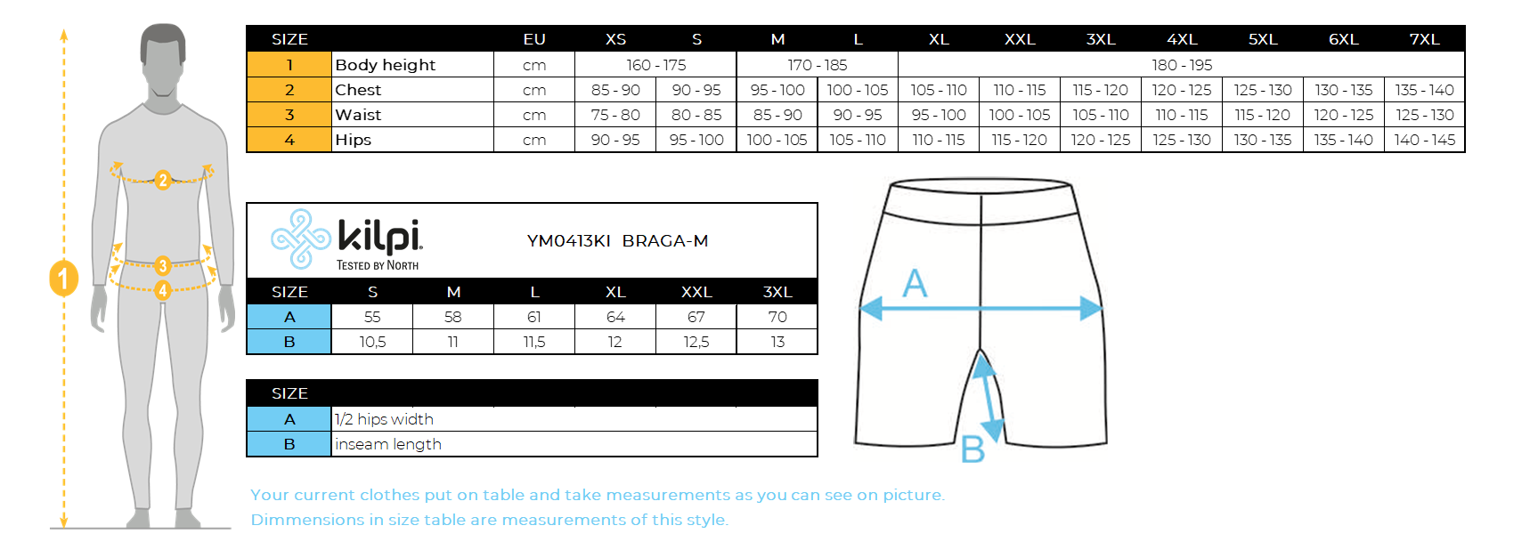 Men's running shorts Kilpi BRAGA-M – Size chart