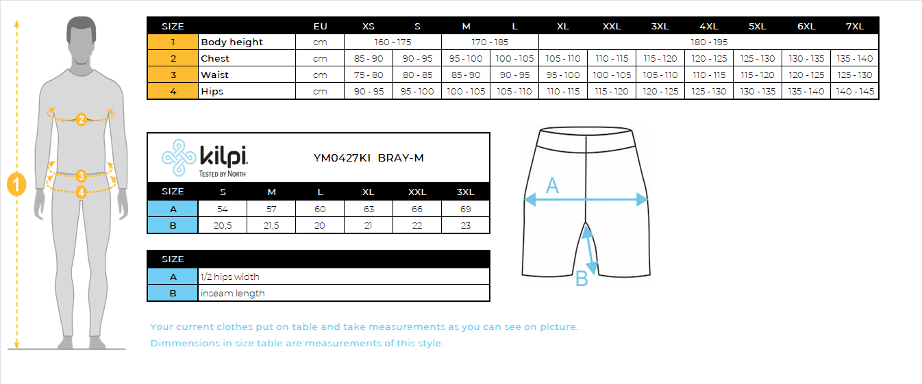 Men's fitness shorts Kilpi BRAY-M – Size chart