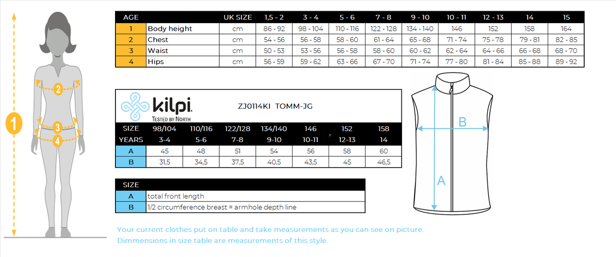 Girl's insulated vest Kilpi TOMM-JG – Size chart