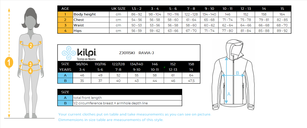 Kid's softshell jacket Kilpi RAVIA-J – Size chart
