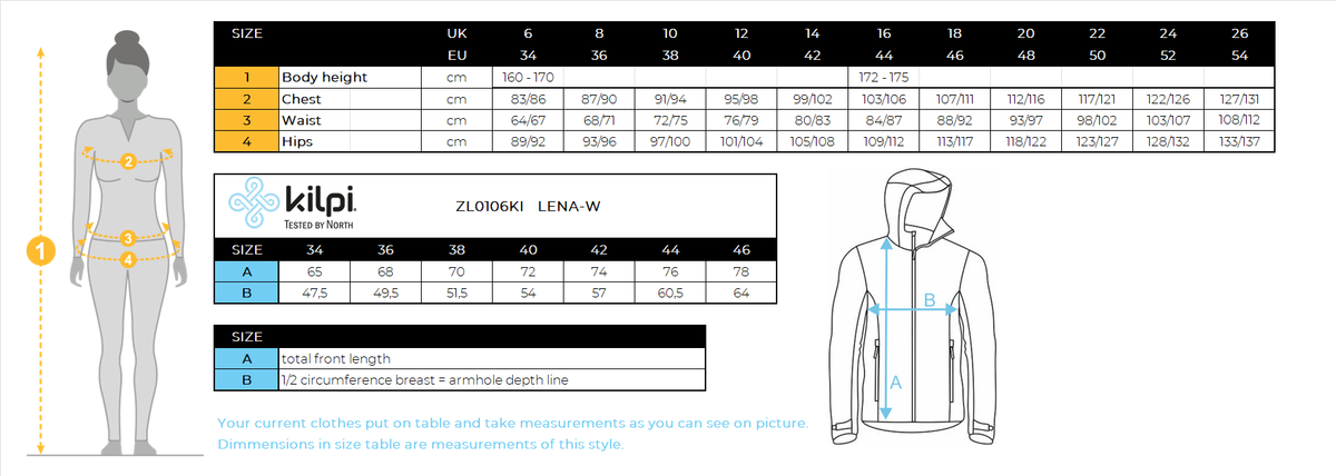 Women's ski jacket with integrated heating system Kilpi LENA-W – Size chart