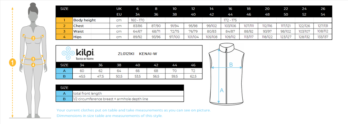Women's insulated vest Kilpi KENAI-W – Size chart