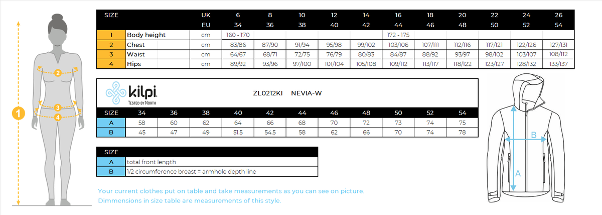 Women's insulated fleece hoodie Kilpi NEVIA-W – Size chart