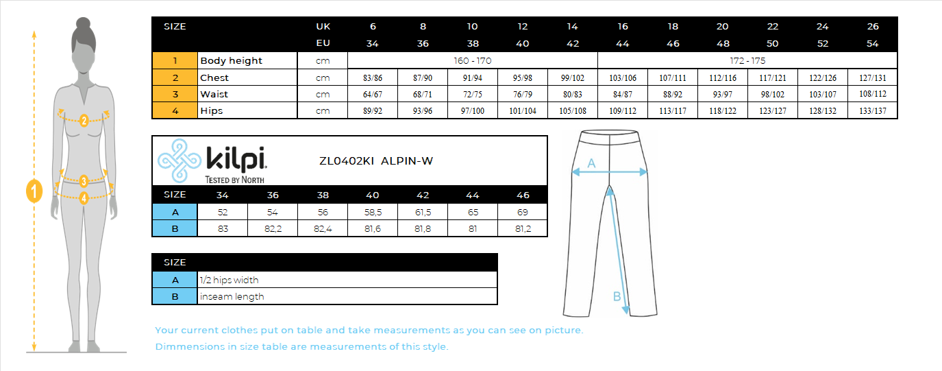 Women's waterproof hardshell pants Kilpi ALPIN-W – Size chart