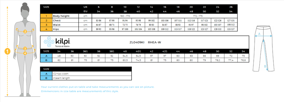 Women's softshell ski pants Kilpi RHEA-W – Size chart