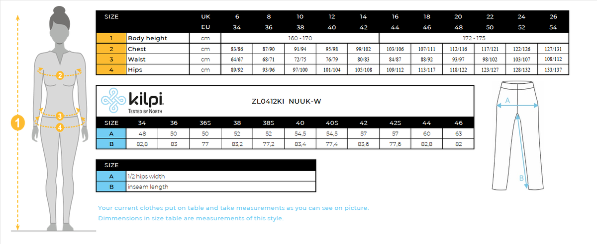 Women's outdoor pants Kilpi NUUK-W – Size chart