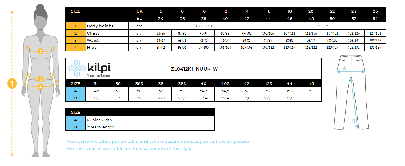 Women's outdoor pants Kilpi NUUK-W – Size chart