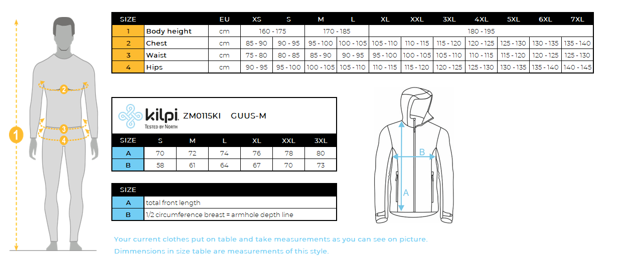 Men's down jacket Kilpi GUSS-M – Size chart