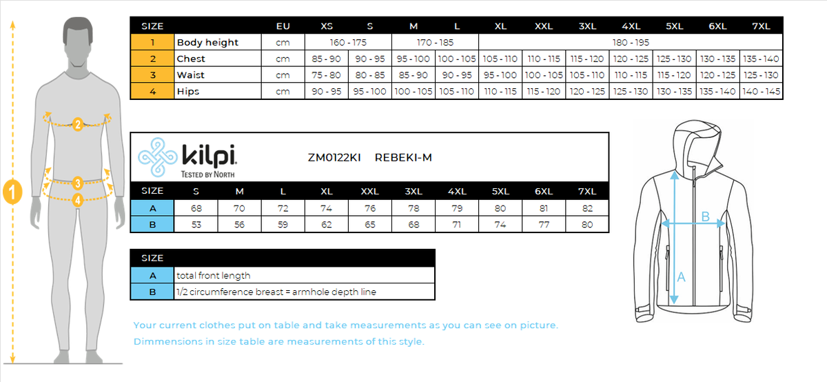 Men's insulated jacket Kilpi REBEKI-M – Size chart