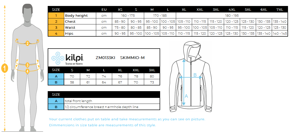 Men's ski jacket Kilpi SKIMMIO-M – Size chart