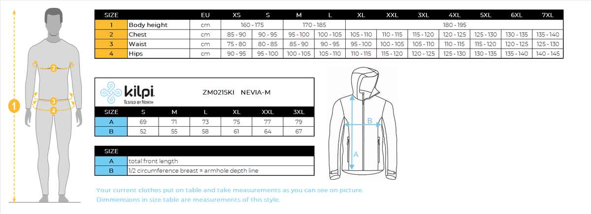 Men's insulated fleece hoodie Kilpi NEVIA-M – Size chart