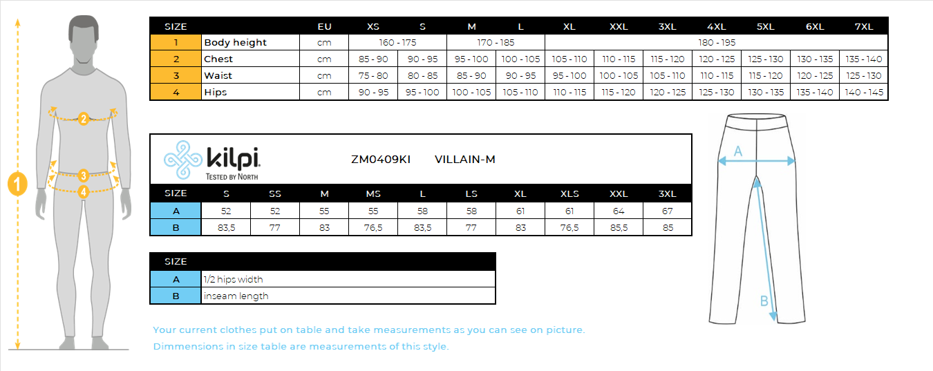 Men's outdoor pants Kilpi VILLAIN-M – Size chart