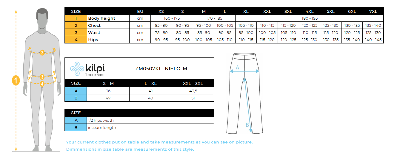 Men's seamless base layer 3/4 pants Kilpi NIELO-M – Size chart