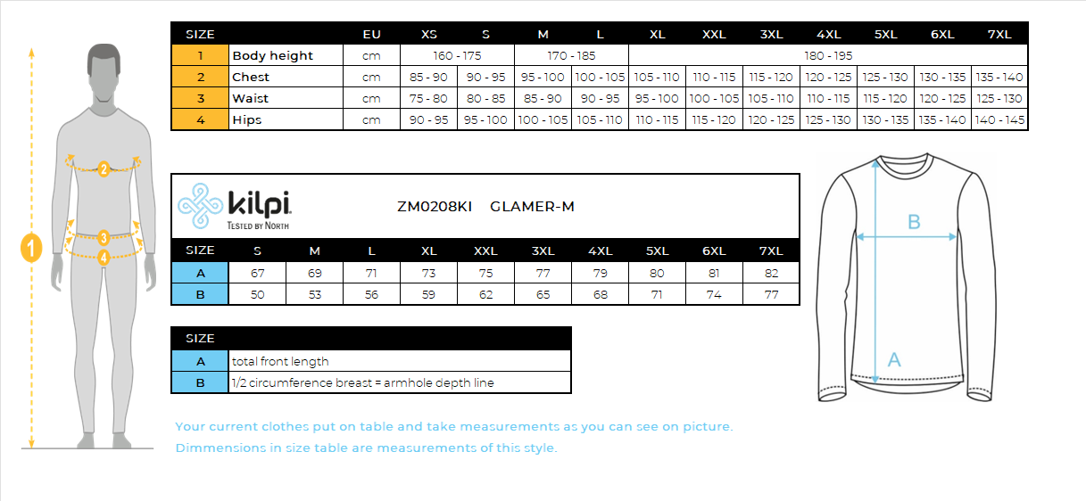 Men's fleece sweatshirt Kilpi GLAMER-M – Size chart